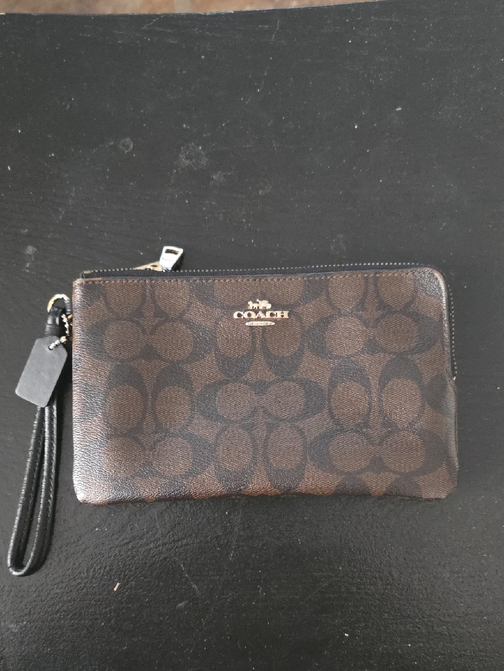 Coach Brown Signature Canvas Wristlet with Black Strap